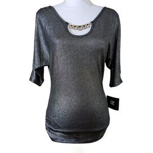IZ Byer Top Womens S Black Metallic Cold Shoulder Jewel Neck Party Preppy